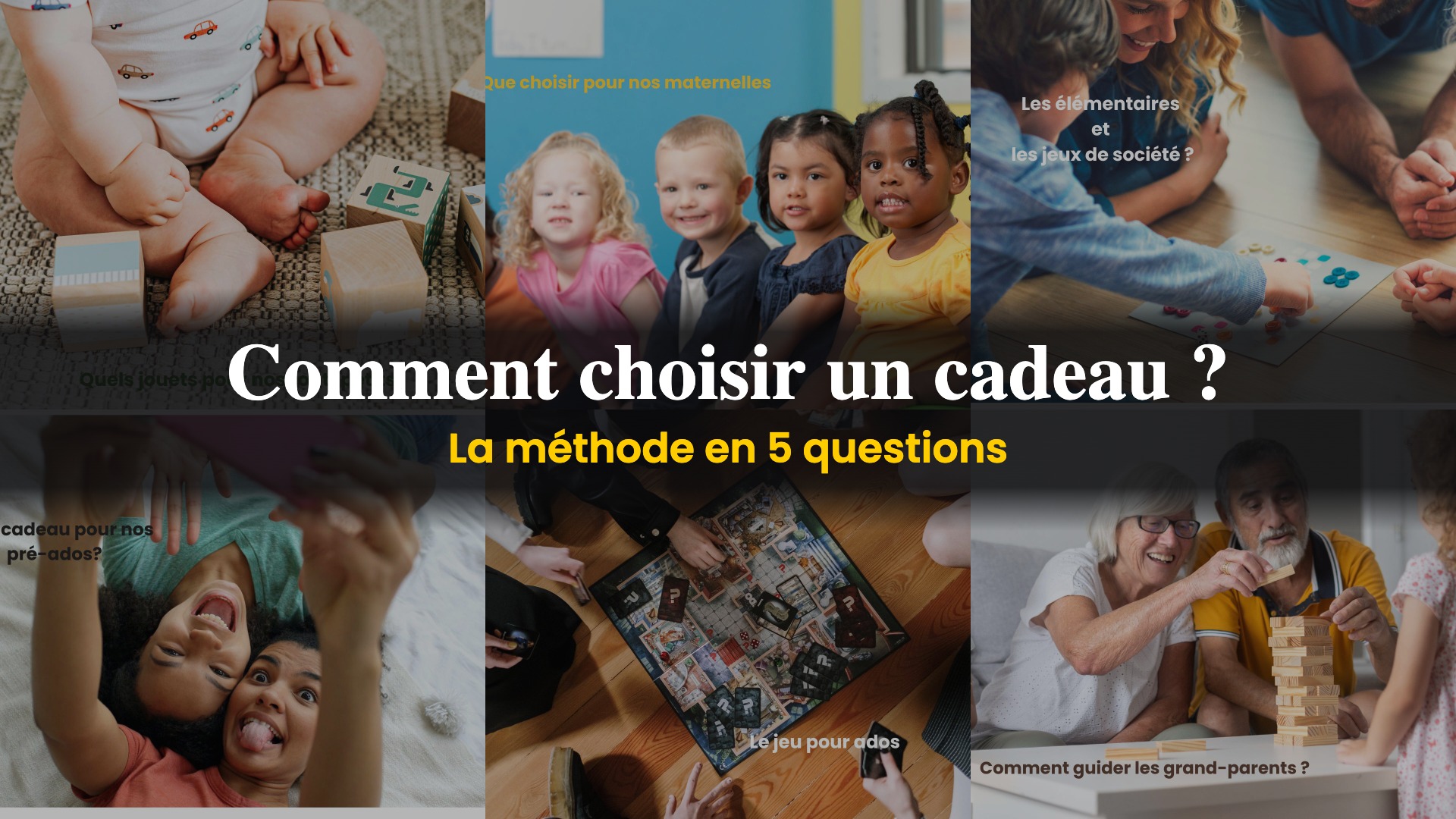 Mosaïque des visuels de la série, du bébé au grand-parent : comment choisir un cadeau avec une méthode en 5 questions