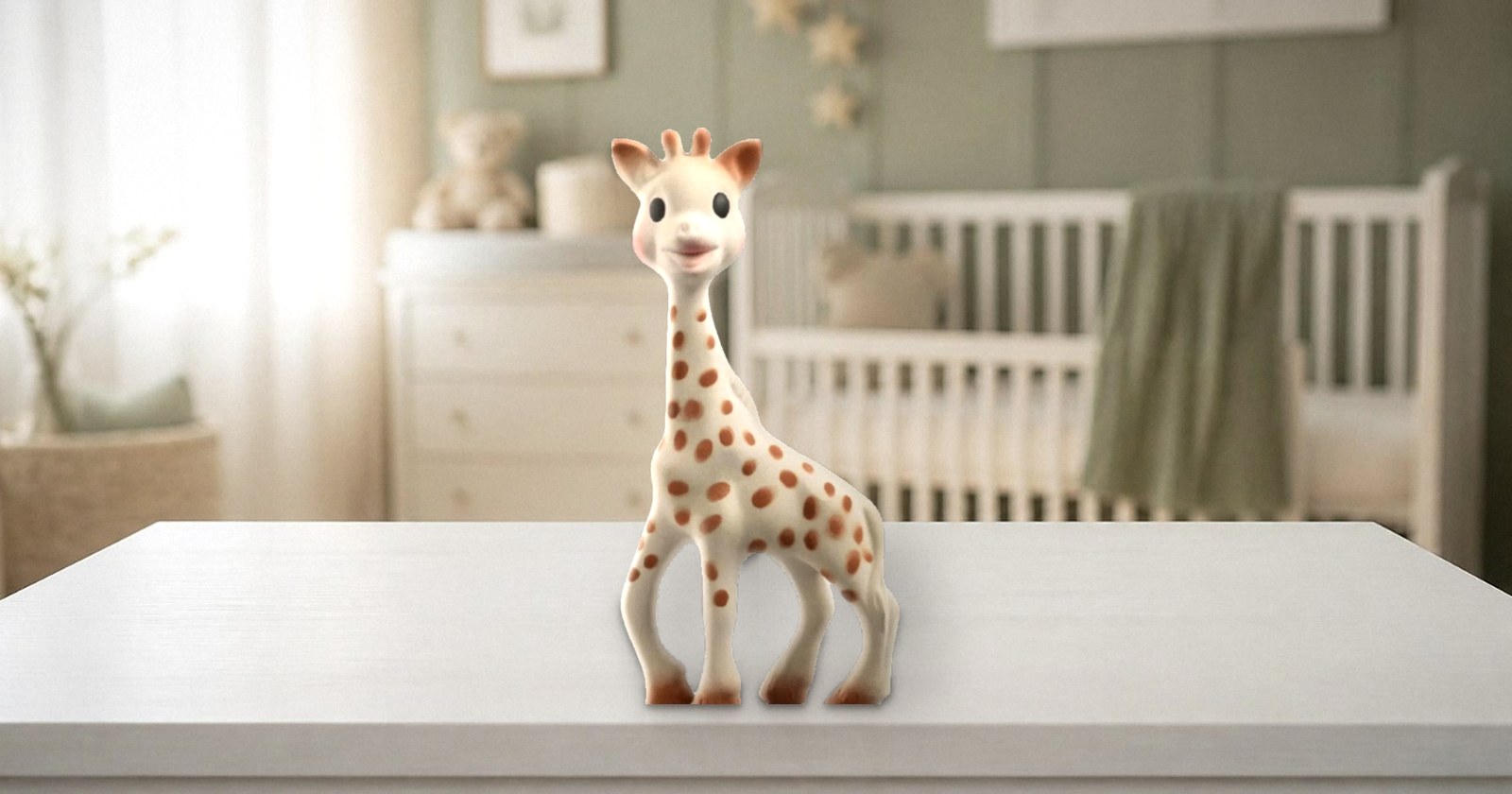 Sophie la girafe, jouet de dentition en caoutchouc naturel, posée dans une chambre de bébé