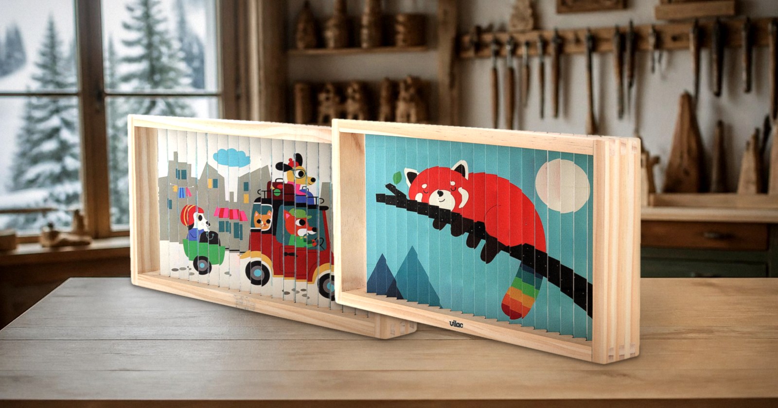 Deux puzzles 4D en bois Vilac, panda roux et transports, sur l'établi d'un atelier de jouets du Jura